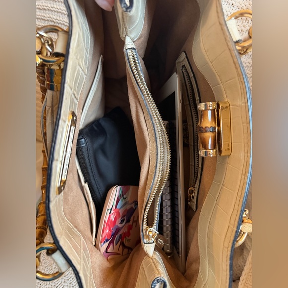 Elegant Pratesi Firenze Sarteano Bamboo Handle Cream Croc Embossed Leather - Picture 15 of 16